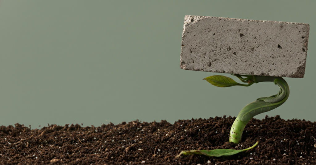 Brote verde creciendo bajo un bloque pesado, simbolizando el crecimiento económico contenido por el miedo o la inacción.