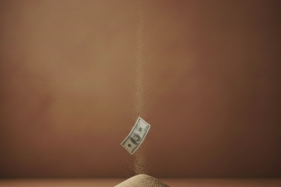 Billete cayendo y desintegrandose en un fondo neutro que representa la pérdida de valor del dinero