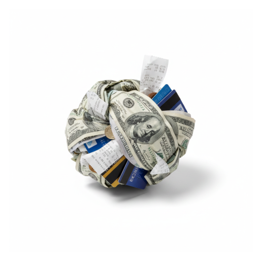 cómo ordenar mis finanzas personales, caos financiero con dinero arrugado y tarjetas de crédito desordenadas