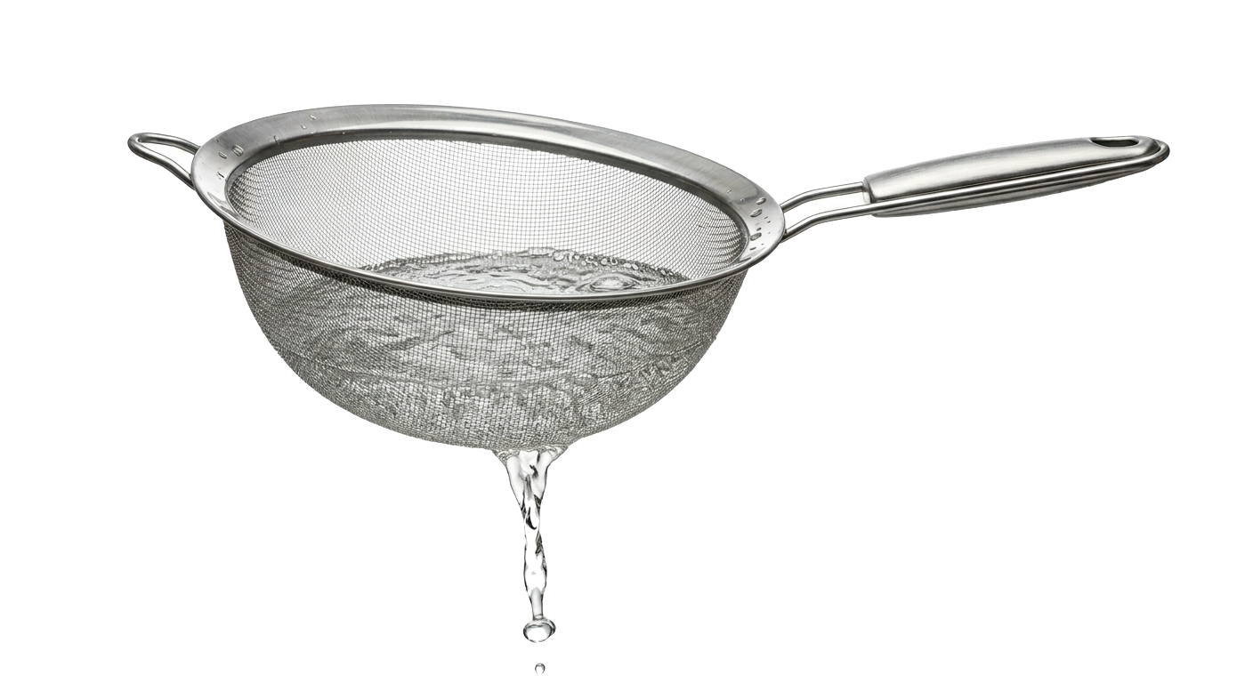 Colador con agua escapándose, metáfora del dinero que se va sin control