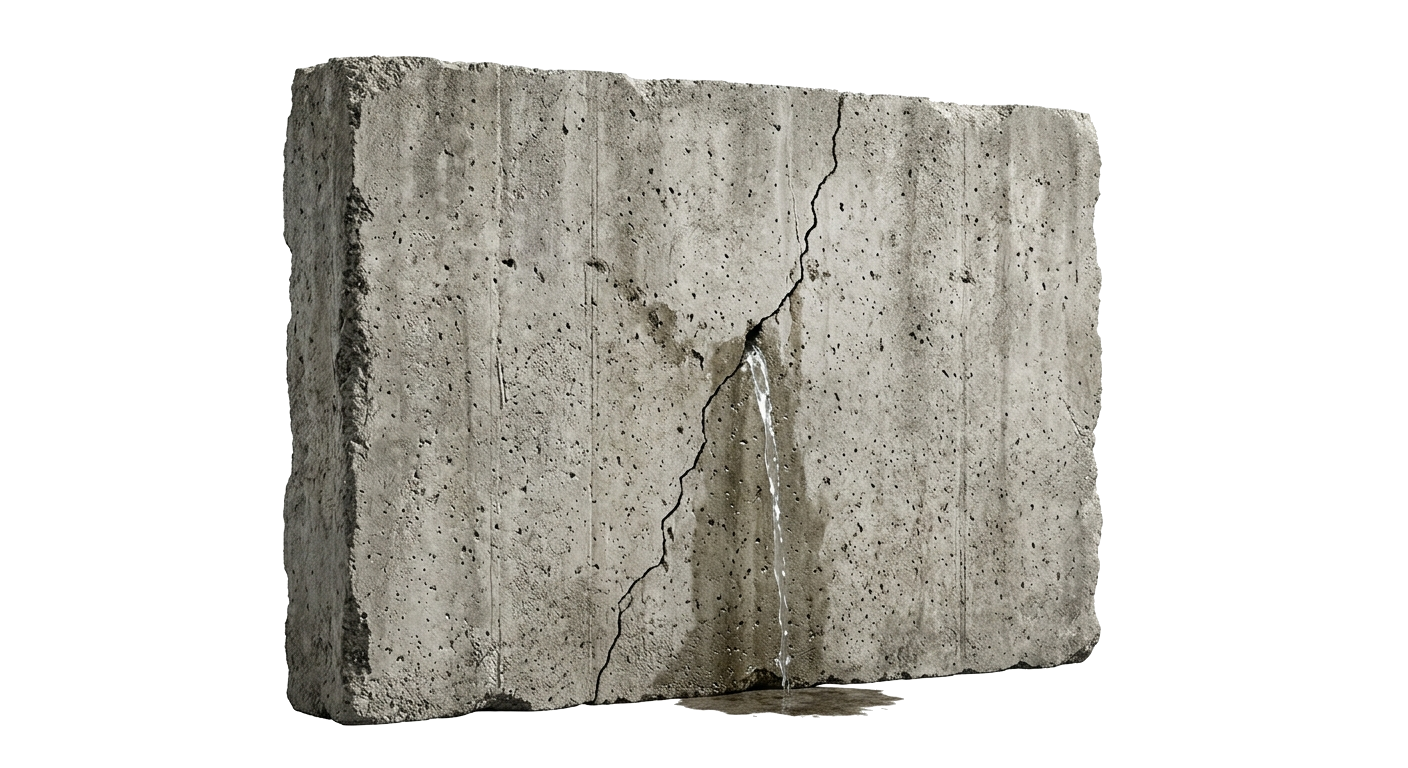Muro de concreto con grieta y agua filtrándose, metáfora de sostener un plan financiero bajo presión