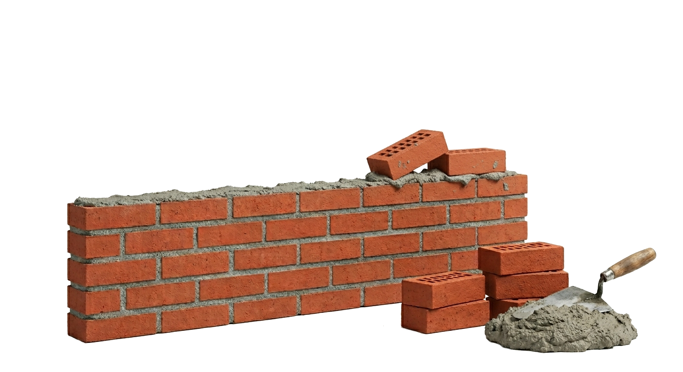 Muro de ladrillos en construcción con mortero y espátula, metáfora de construir margen financiero paso a paso