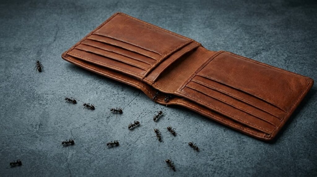 Cartera abierta vacía con hormigas saliendo — gastos que no reconoces y que vacían tu cuenta poco a poco