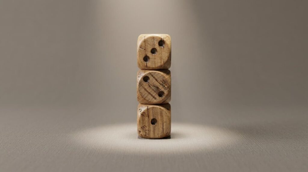 Tres dados de madera apilados con números 1, 2 y 3 — los tres números base para ordenar el dinero