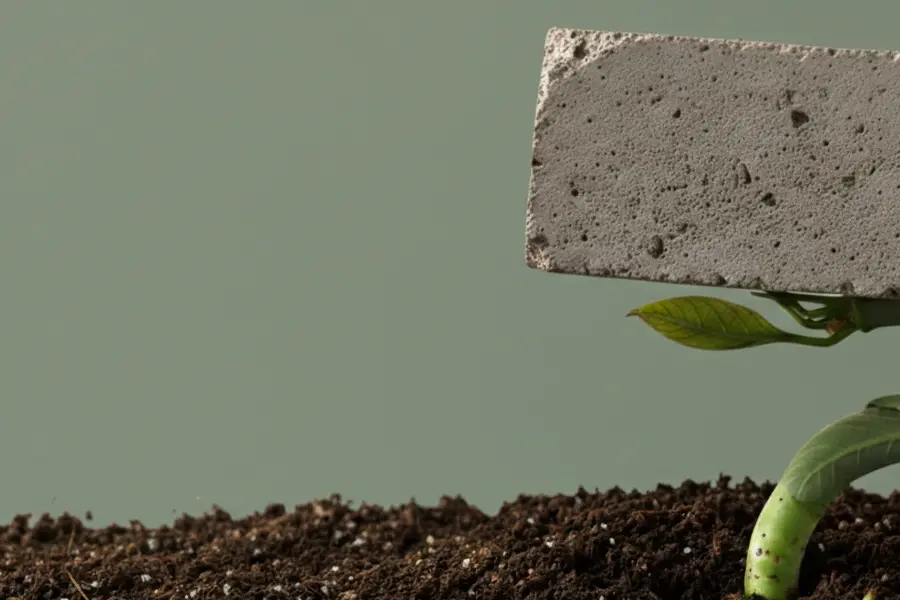 Brote verde creciendo entre tierra y obstáculos que simboliza crecimiento profesional contenido