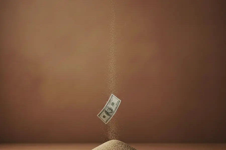 Billete cayendo y desintegrandose en un fondo neutro que representa la pérdida de valor del dinero